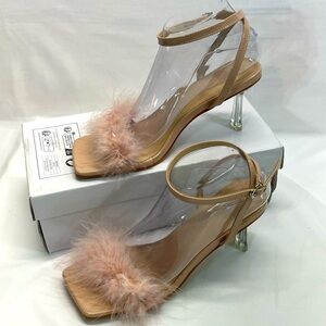 PINK FEATHERED HEELS 7.5-8 39 PINK WITH BEIGE SHOE & TRANSPARENT HEEL NEW IN BOX